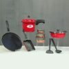 9 Pcs Colored Non Stick Cookware Set & Pressure Cooker Combo Color - Red
